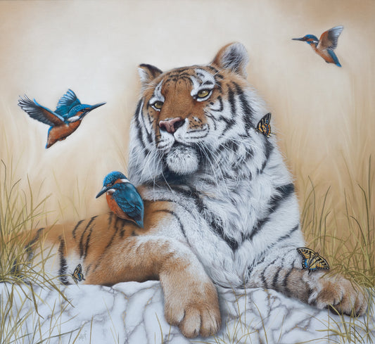 Illustration of a tiger with birds and butterflies in a natural setting