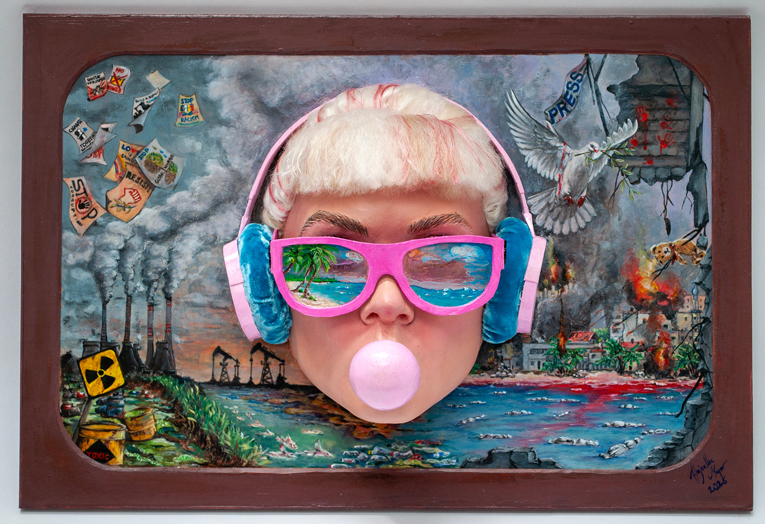Sculptural wall art featuring  a sunglass and headphone wearing girl blowing bubble gum, surrounded by colorful and chaotic elements.