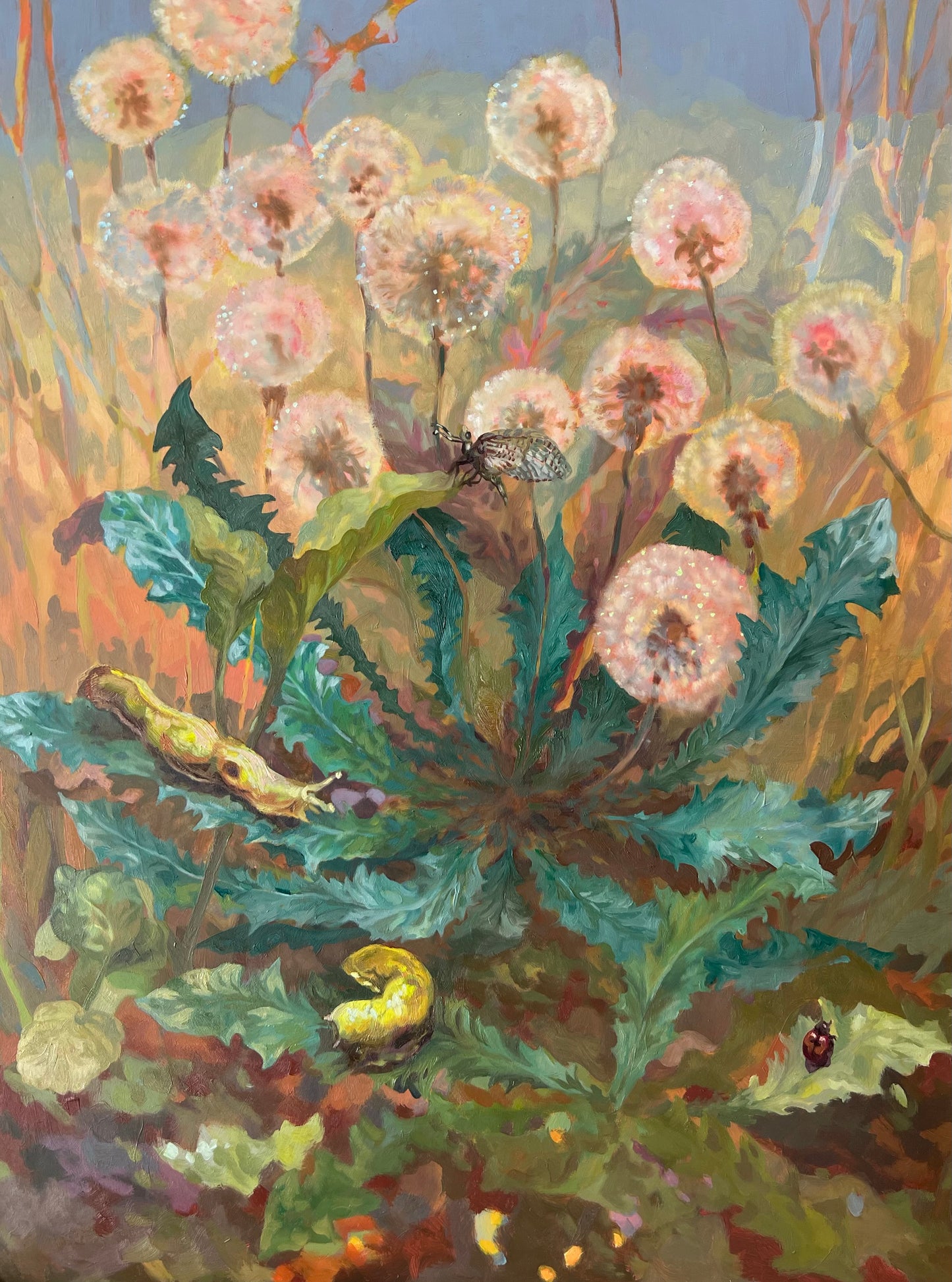 Dandelions and insects interact in this original oil painting