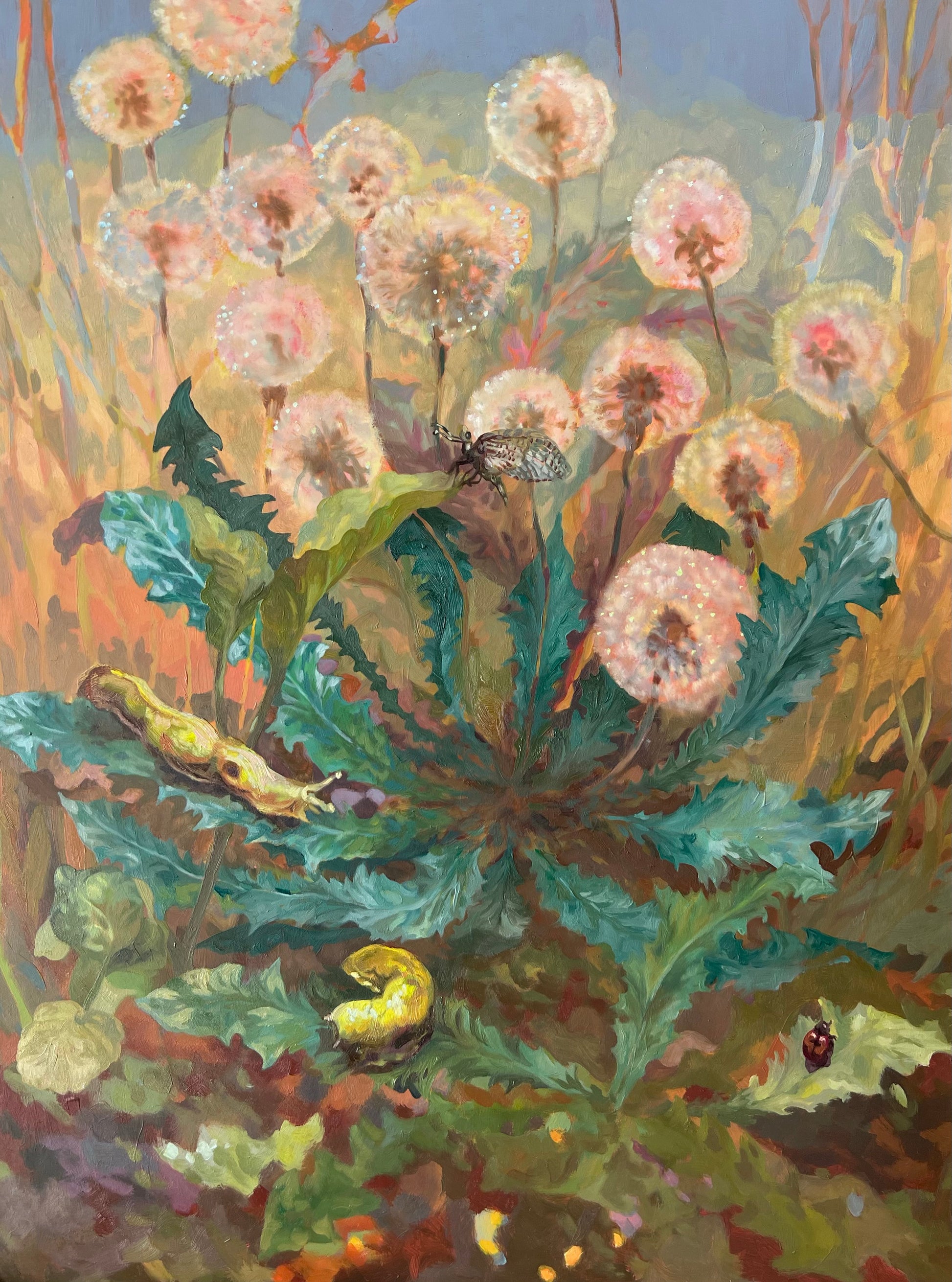 Dandelions and insects interact in this original oil painting