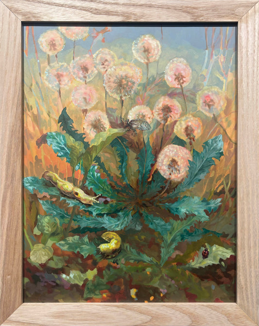 Framed painting of dandelions with a butterfly and caterpillars.