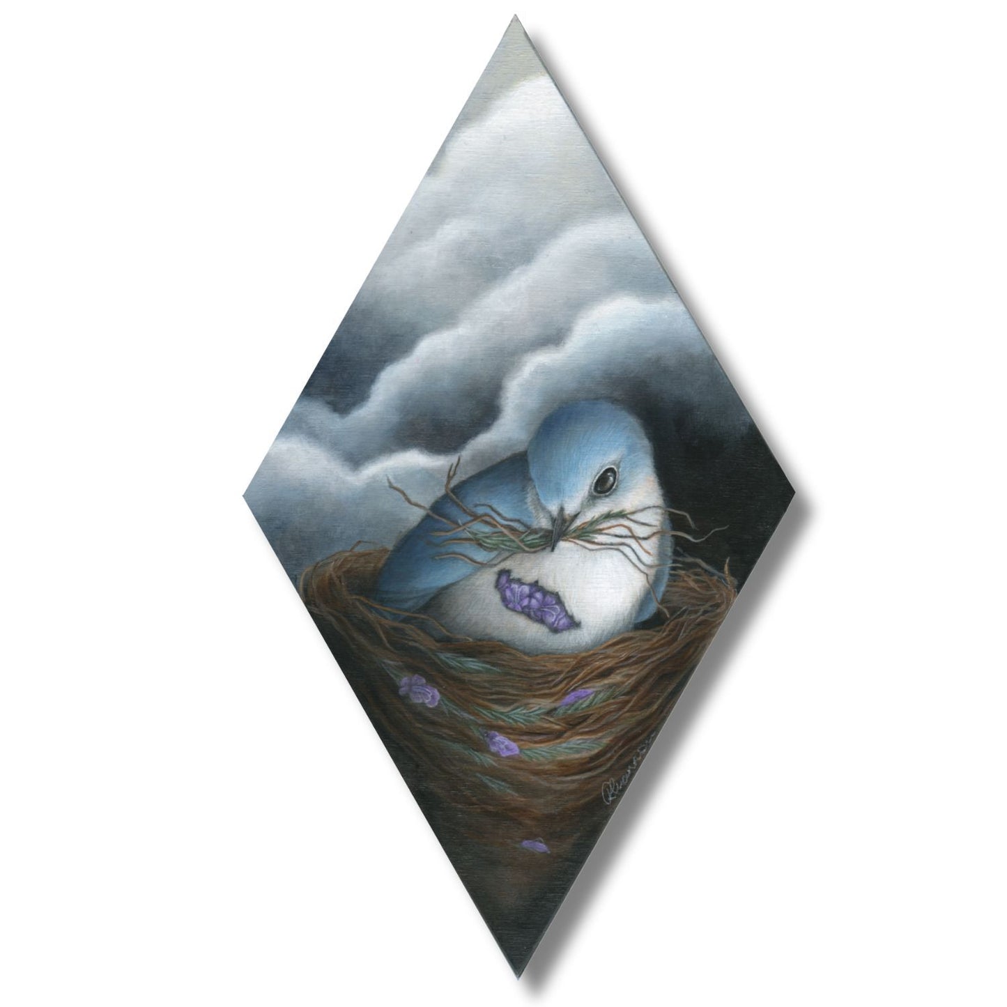 Painting of a blue bird in a nest with a stormy sky background