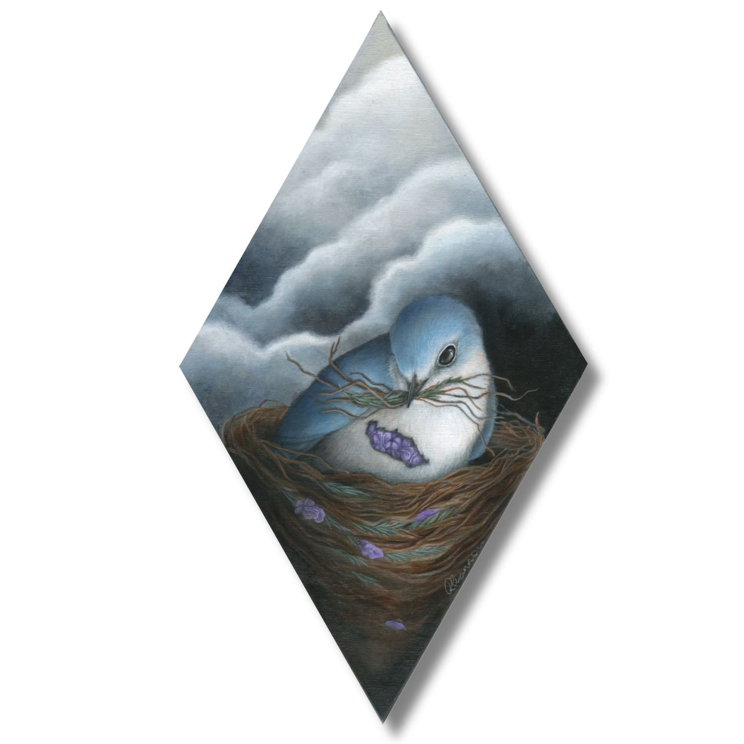 Painting of a blue bird in a nest with a stormy sky background